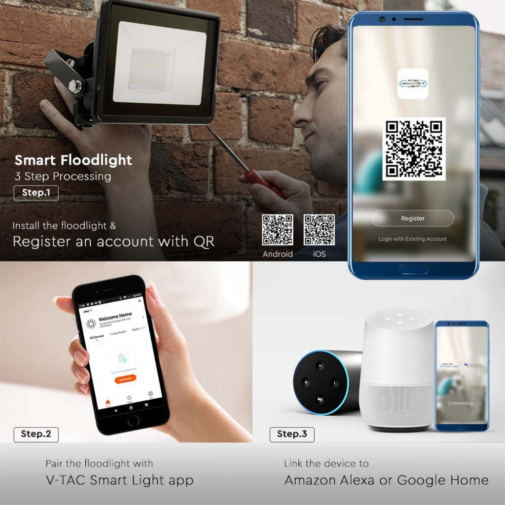 V-TAC Lampa naświetlacz LED 10W Kompatybilna z Google Home i Amazon Alexa poprzez aplikację V-Tac Smart RGB + 3000K + 6500K